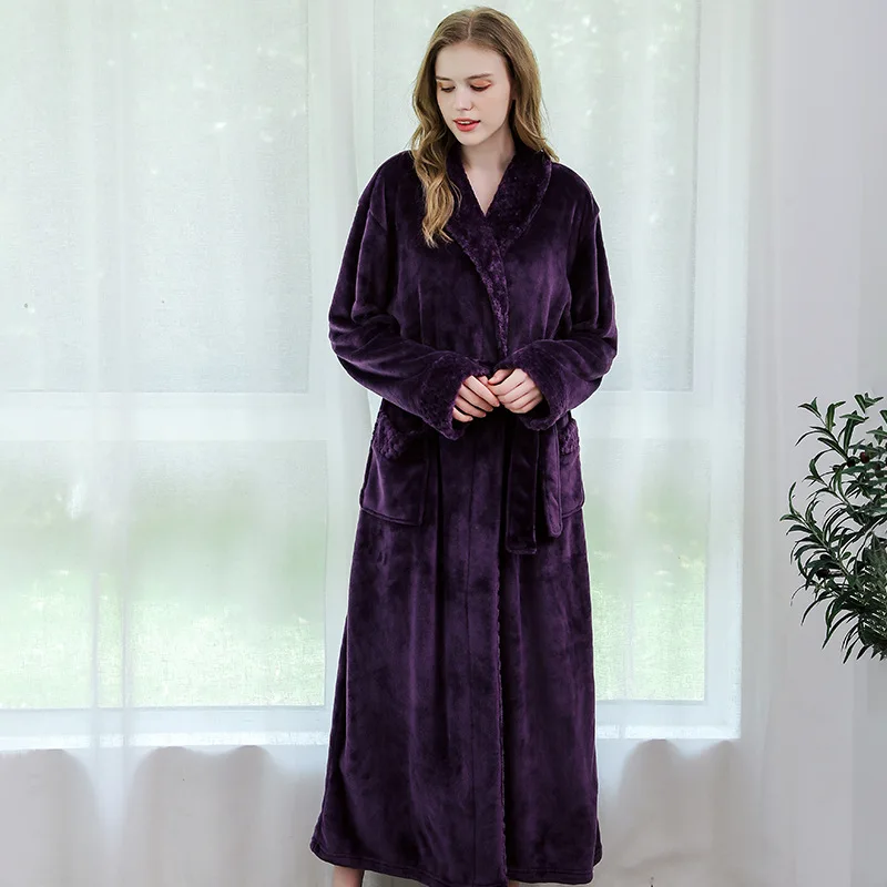 Женское мужское зимнее плотное теплое Фланелевое кимоно длинный халат для влюбленных парная Ночная рубашка белье для ванной Халат ночное белье - Цвет: Purple Women