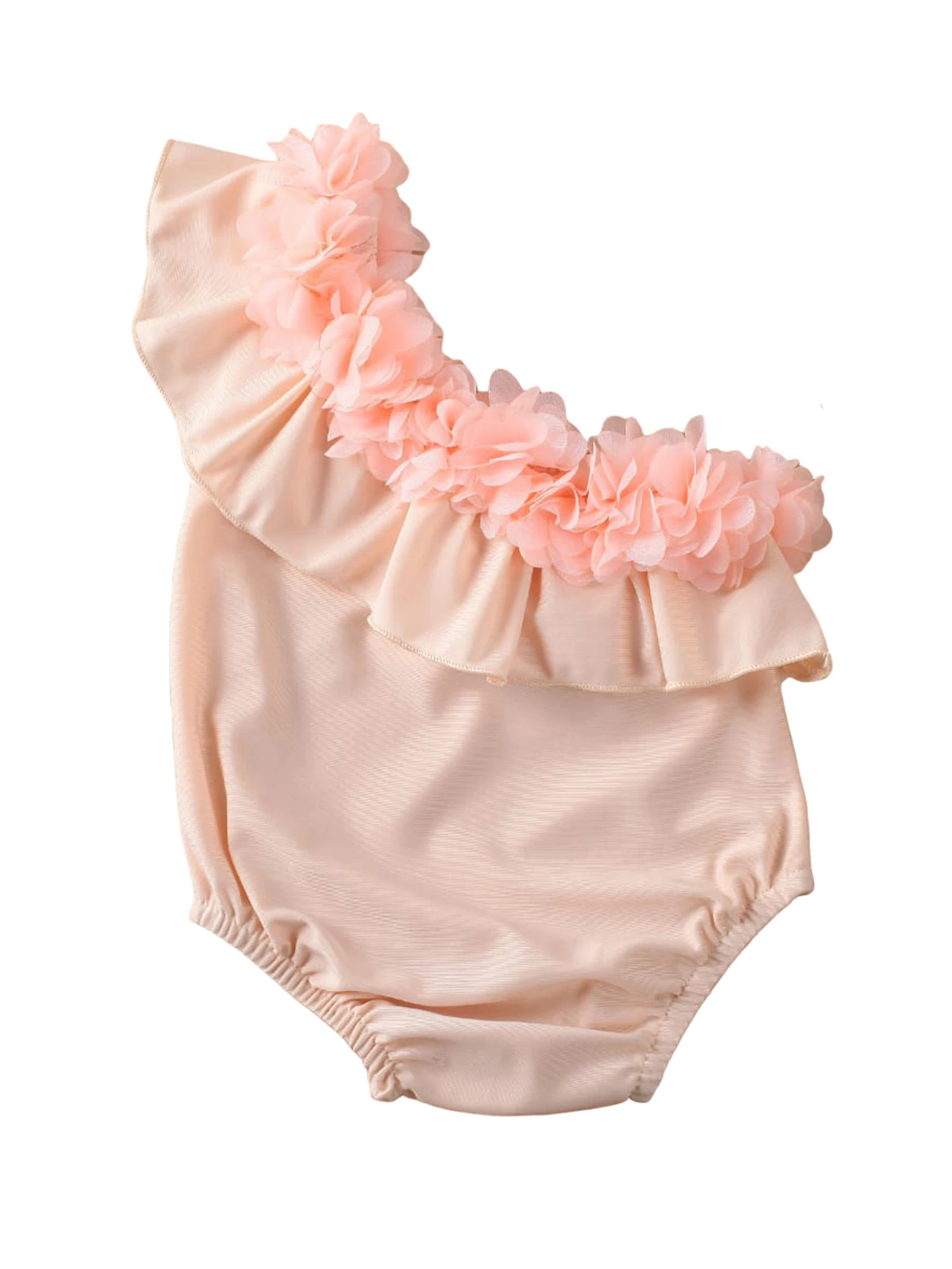 

Sweet Kid Baby Girl Ruffle One Shoulder Swimming Bodysuit Solid Pink Swimwear