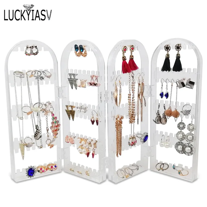 120/180/240/360holes Plastic Clear Earrings Studs Display Rack Folding Screen Earring Jewelry Display Stand Holder Storage Box rotatable earrings jewelry holder necklace display bracelet chain jewelry rack plastic clear live broadcast stall display props