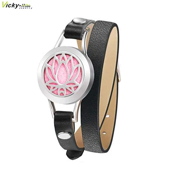 

Fashion Women Stainless Steel Bracelet Genuine Leather Aroma Locket Bangle Essential Oils Diffuser Locket