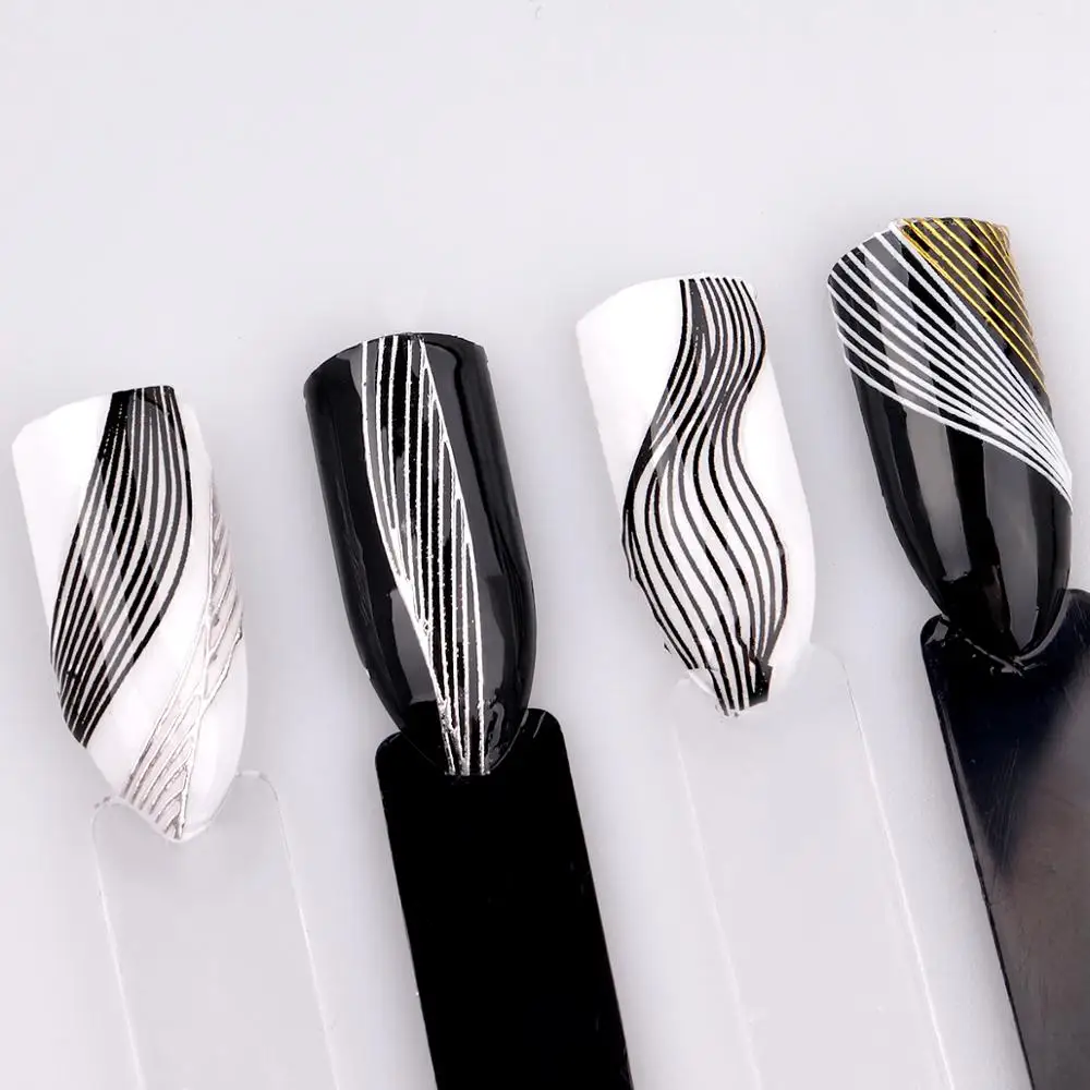 Nail Art самоклеющиеся наклейки золотые белые металлические полосы волновой линии лента фольга для перевода рисунков на ногти 3D DIY Наклейка Маникюр украшения