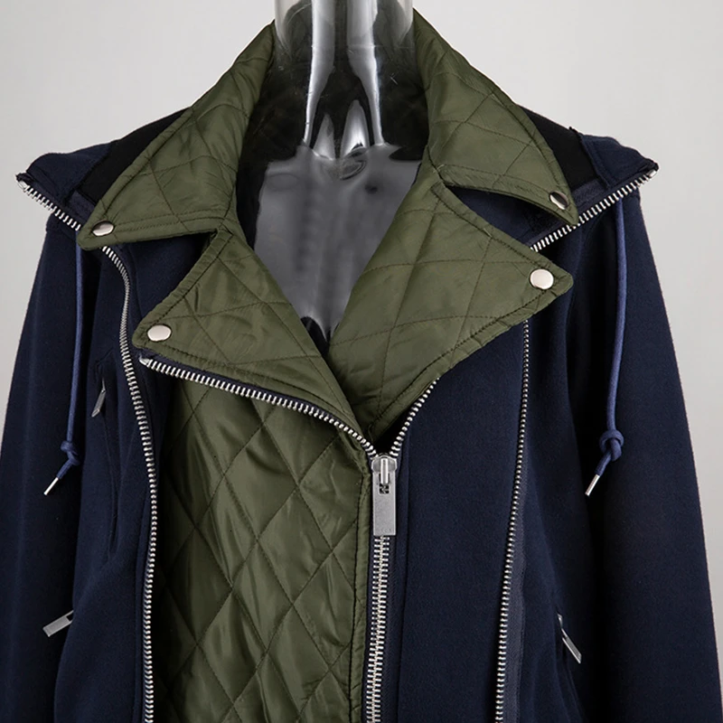 TWOTWINSTYLE Loose Fit Blue Contrast Color Split Joint Jacket New Lapel Long Sleeve Women Coat Fashion Tide Autumn Winter