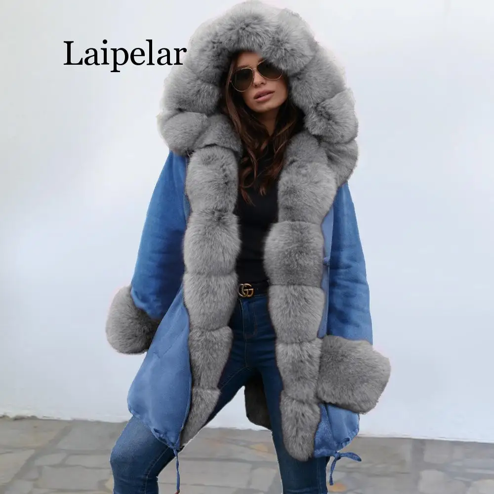 

Winter Casual Slim Fur Hooded Warm Coat Women 2019 New Long Sleeve Fleece Wrap Thicken Womens Blue Parka Outwear Plus Size