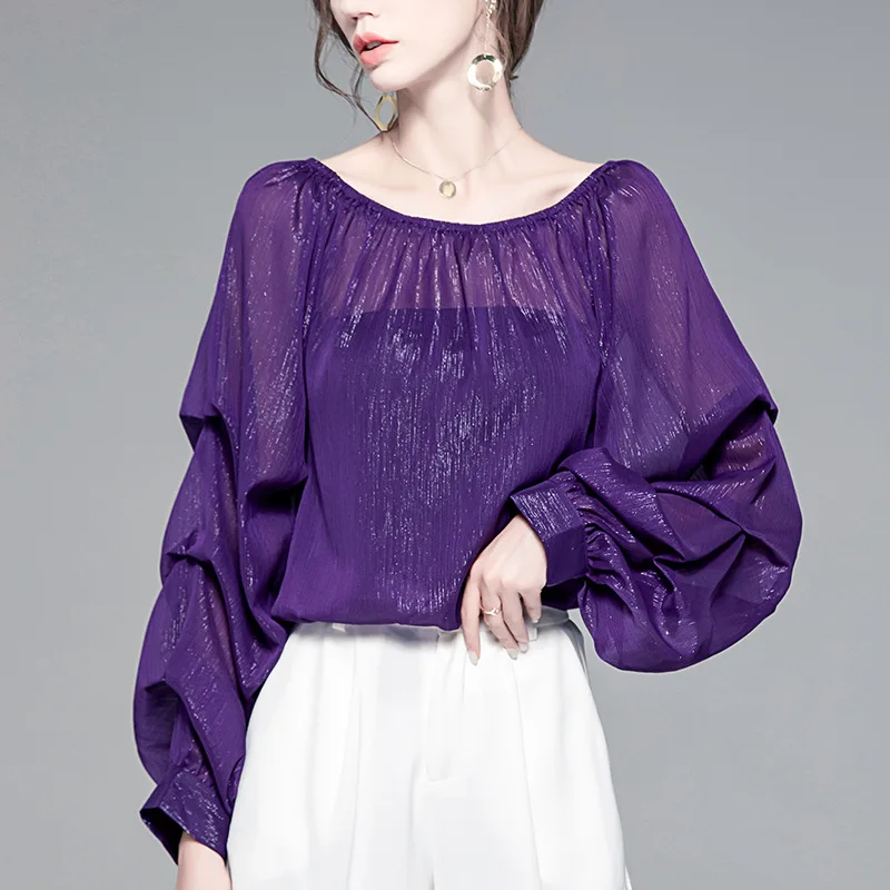 

Sexy perspective one-word collar chiffon shirt bubble sleeve purple top design sense loose temperament women's shirt autumn.