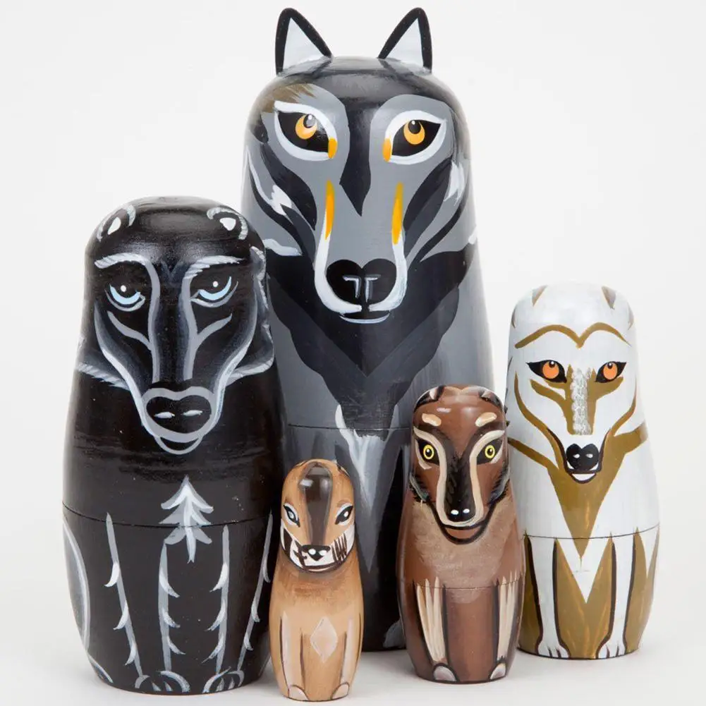 

5Pcs/Set Nesting Dolls Toys Hand Painted Wooden Wolf Nesting Dolls Russian Matryoshka Kids Toy