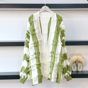 

TIGENA Tassel Striped Oversize Long Sweater Cardigan Women 2020 Autumn Winter Long Sleeve Knitted Jacket Coat Female Knitwear