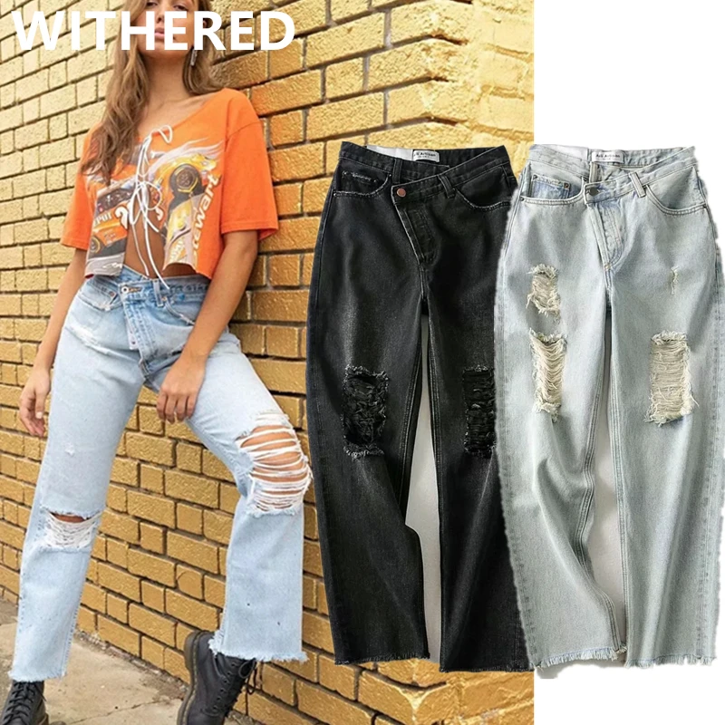 Jenny&Dave women loose boyfriend jeans mom jeans woman ins fashion blogger Irregular waist high waist jeans hole ripped  for