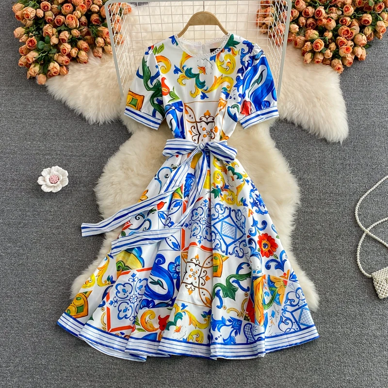 Elegant Blue And White Porcelain Summer Floral Dress 2022 Women Short Sleeve Knee Length Runway Dresses Long Party Robe | Женская одежда