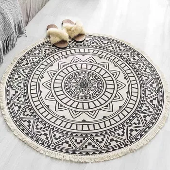 

Retro Round Carpet For Living Room Bedroom Cotton Linen Tassels Rug Yarn Dyed Tapestry Mat Home Decoration