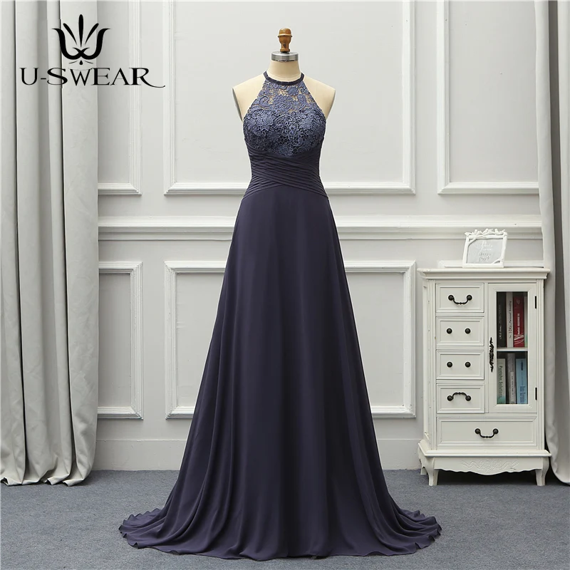 

Elegant Long Evening Dress Halter Open Back Chiffon Lace Evening Party Gown Robe De Soiree Formal Prom Gown Abendkleider