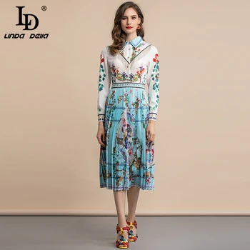 

LD LINDA DELLA Autumn Fashion Runway Shirt Dress Women's Long Sleeve Casual Floral Print Pleated Tassel Midi Elegant Dress