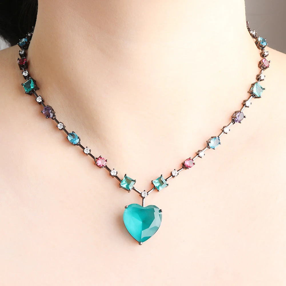 Chain Shopping Pendant Necklace Heart-Shaped Colorful Daily Decorative Women Choker Not Allergic Crystal Glass Stone Lead-safe