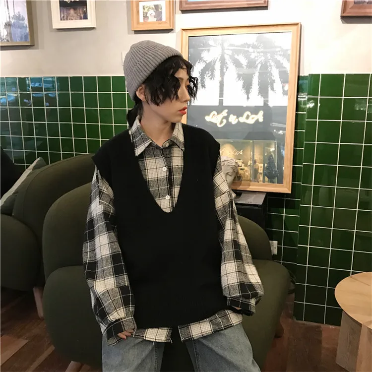 Harajuku Stylw шикарный Однотонный свитер жилет для колледжа для женщин на улице осень/зима ветер v-образным вырезом жилет клетчатая рубашка куртка
