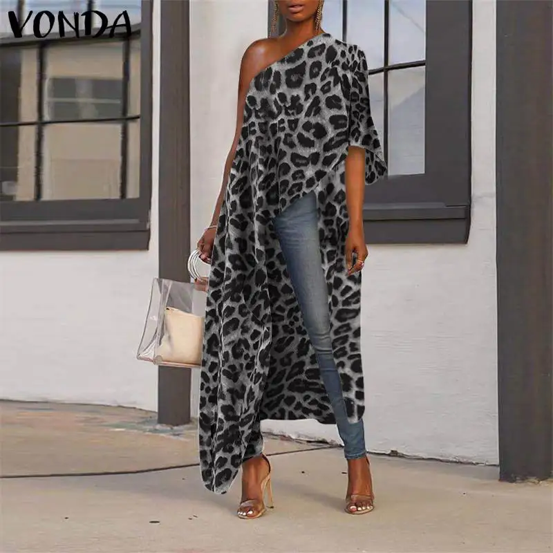 

Irregular Tunic Women Off Shoulder Tops Blouse VONDA 2020 Summer Leopard Print Party Party Long Shirts OL Office Blusa Plus Size