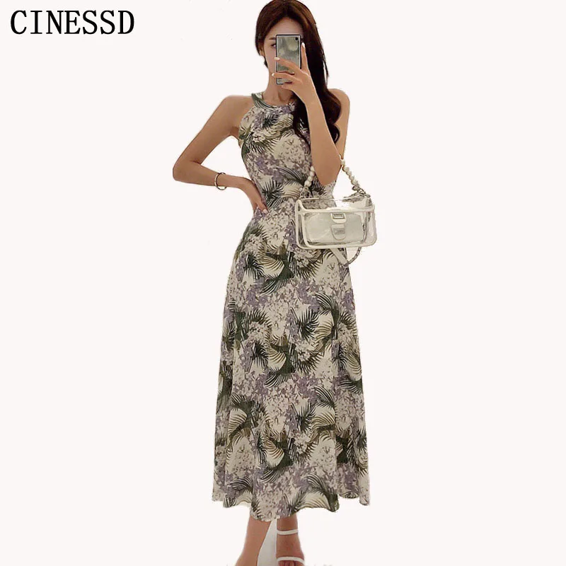 

CINESSD Vintage Elegant Print Long Maxi Dress 2019 Women Summer Beach Hanging Neck Sleeveless Loose Dress Vestidos Plus Size
