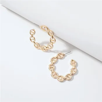 

SRCOI Simple Geometric Shape Metal Flat Pressed Chain Earrings Fashion Gold Silver Color Hollow Hoop Earrings Women Jewelry Part