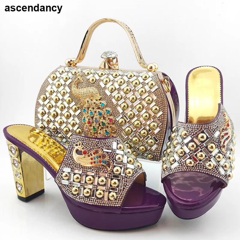 

Fashion Rhinestone Women Wedding Shoes and Bag Set African Wedding Italian Shoe and Bag Sets Ladies Spring Shoes Platform Women