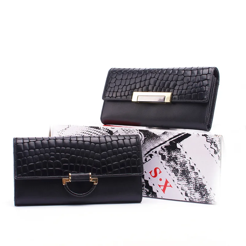 

New first Layer Cowhide Stone Pattern Long Section Three Fold Ladies Wallet Clutch Bag Female Wallet