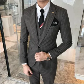 

(Suit+Vest+Trousers) 2019 New British Suit Jacket Men's Slim Striped Suit Three-piece Suits