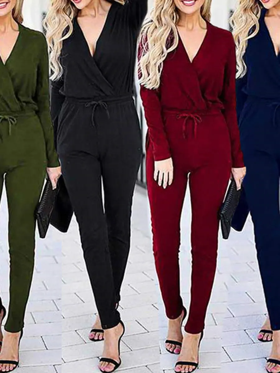 

Fadzeco Women Long Sleeve Bodycon Jumpsuit Casual Wrap V Neck High Waisted One Piece Jumpsuit Romper