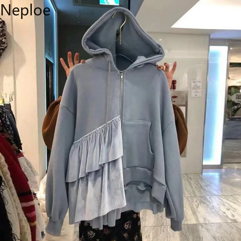 Neploe корейский Повседневный лоскутный вельветовый худи с оборками женский однотонный с капюшоном толстый длинный рукав толстовка мягкий на молнии Топ осень