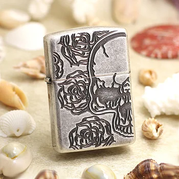 

Genuine Zippo oil lighter copper windproof Antique Silver Skull carving cigarette Kerosene lighter Gift anti-counterfeiting code