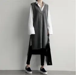 INS-style/2019 г. Свитер в южнокорейском стиле, жилет спереди, короткий, длинный, сзади жилет, юбка вязаный свитер средней длины с v-образным