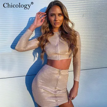 

Chicology glitter shining 2 two piece matching set women long sleeve top mini skirt 2019 autumn winter party sexy club clothes