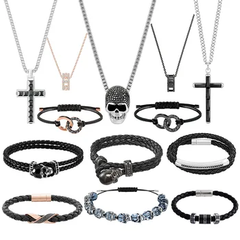 

SWA Fashion Handsome Male Rock Style Accessories Black Woven Leather Skull Bracelet To Send Boyfriend The Best Romantic Gift