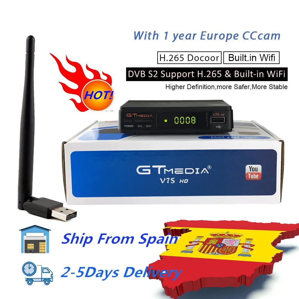 

DVB s2 GT media V7s HD Satellite receiver with USB WIFI one year spain CCCAM line TV Receiver freesat V7 HD H.265 youtube HD