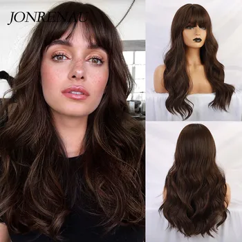 JONRENAU Long Brown Color Synthetic Natural Wave Wigs with Neat Bangs for White/Black Women Party Wear 2