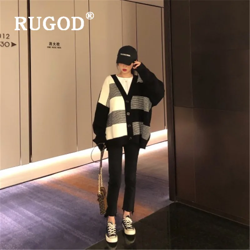 RUGOD, корейское винтажное пальто для женщин, v-образный вырез, клетчатый узор, однобортный, свободный, негабаритный, трикотаж, Модный женский теплый кардиган