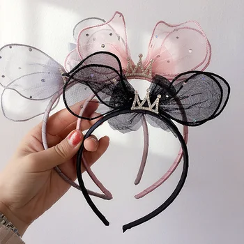 

2020 New Multilayer Transparent Gauze Bow Ears Rhinestone Crown Children Hairbands for Girl Cute Fashion Hair Accessories