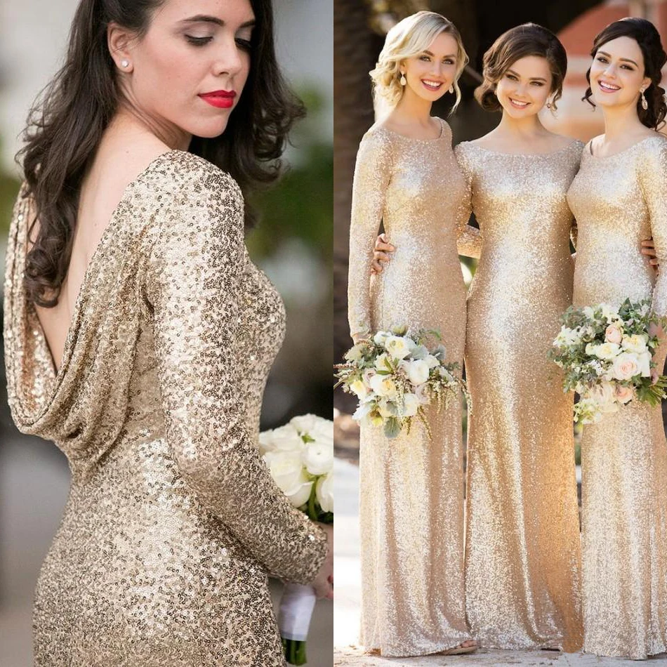 Winter Bridesmaid Dresses Sequins Champagne Long Sleeves Cheap Blush Long Sheath For Bridal Party Guest Dress For Women vestidos