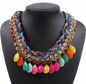

Fashion New Design Colorful Necklace Braided String Gold Chain Tear Water Drop Crystal Pendant Necklace for Women