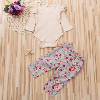 

0-24 Months Newborn Clothes Set Beige Long Sleeve Blouse For Girls Shirt Floral Print Long Pants Toddler Outfits Baby Girls Set