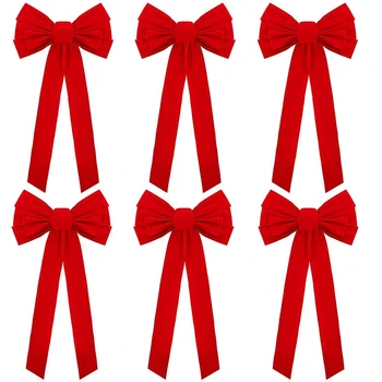 

6 Pack 15.7 Inches Double Layer Red Flocking Cloth Christmas Holiday Bows Christmas Wreaths Decoration 10 x 15.7 Inches