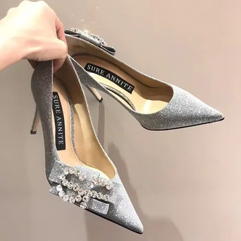 

Shallow mouth wedding shoes 2020 spring new silver bow bridal shoes pointed stiletto high-heeled bridesmaid wedding shoes women