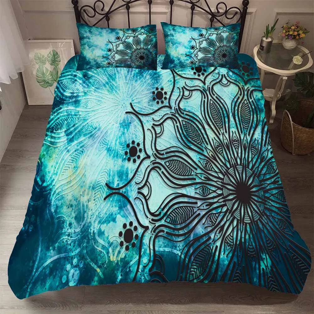 Funda nórdica de tela de microfibra para el hogar, de cama suave con estampado Floral 3D de Mandala, azul y negro, 2/3 piezas|Juegos de ropa de cama| - AliExpress