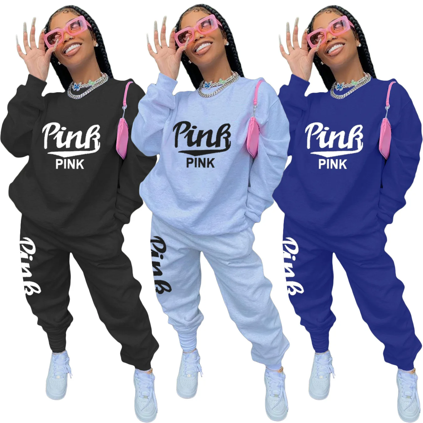 

Pink Letter Print Long Sleeve Loose Pullover Sweatshirt and Baggy Loose Jogger Pants Activewear Tracksuit Streetwear 2 Piece Set