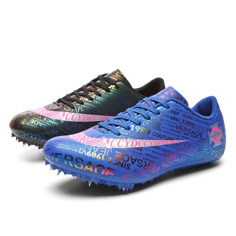 Men Kids Track Field Training Spikes Shoes Women Athlete Running Nail Newspaper Graffiti Shoes Mens Spike Racing Sneakers