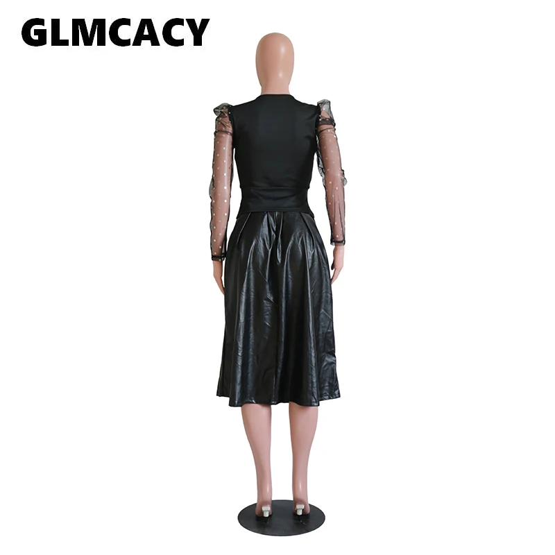 Для женщин с пышными рукавами Partwork черная рубашка блузка и Миди PU юбка комплект из двух частей шикарная уличная элегантная OL Рабочая одежда
