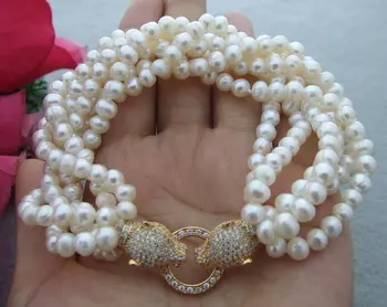 

HANDMADE NATURAL 6STRANDS 4-5MM WHITE FRESHWATER PEARL MICRO INLAY ZIRCON ACCESSORIES LEOPARD HEAD CLASP BRACELET LONG 19CM