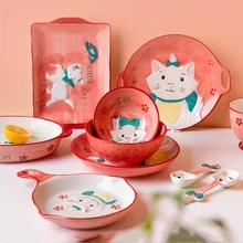 Japanese Hand-painted Ceramic Dishes Pink Cat Underglaze Craft Household Restaurant Plate Bowl Spoon Breakfast Fashion Tableware