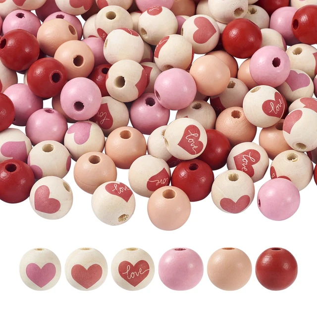 120Pcs Sweet Heart Painted Natural Wood Beads Pink Red Wooden