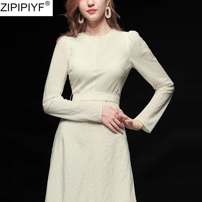 2020 Spring Summer A-Line Dress woman Long Puff Sleeve dress Elegant Striped O-Neck Empire Mid-Calf dresses vestidos | Женская одежда
