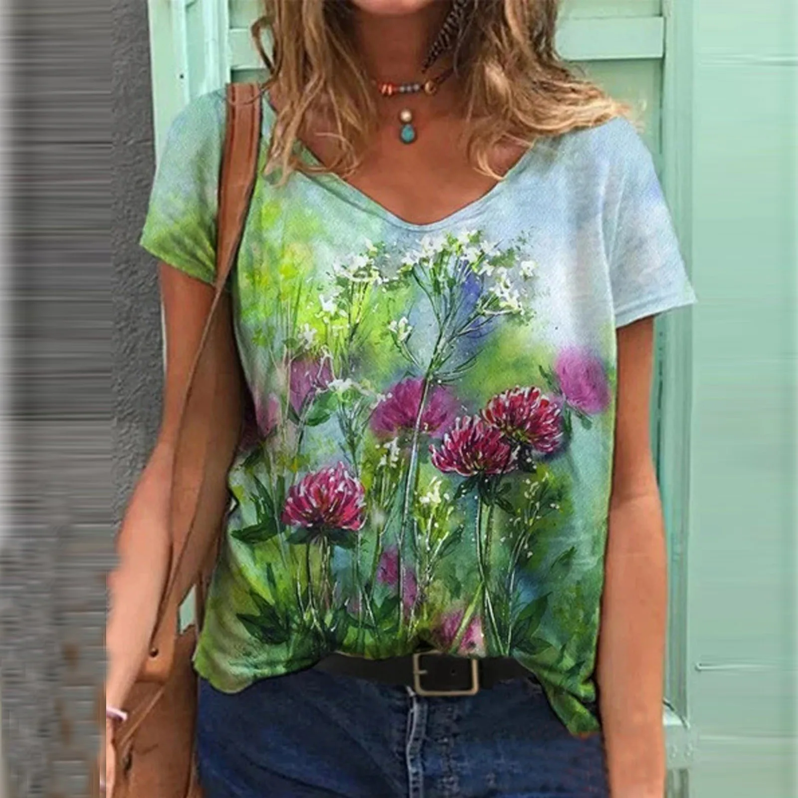 Graphic T-Shirts Adult Fashion Woman V-Neck Sleeve Tops 3D Floral Printing Short Loose Oversized T-Shirt Y2K Top Plus Size Shirt 2