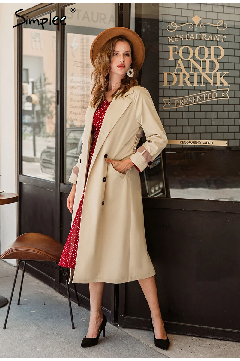Simplee Elegant apricot autumn winter women wind coat Office lady lace up female trench coat Causal straight fashion long coat