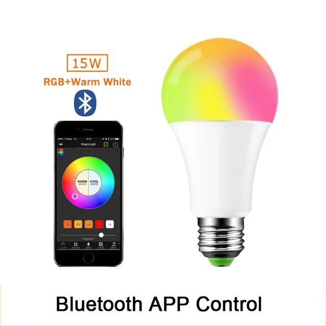Bluethooth RGBWW 15W New 15W Bluetooth Smart Bulb LED 5W 10W RGB Magic Lamp E27 Color Change Light Bulb Smart Home Lighting Compatible IOS/Android - Испускаемый цвет: Bluethooth RGBWW 15W