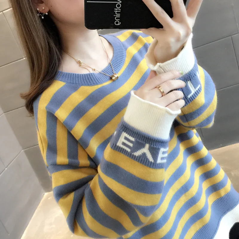

Online Celebrity Stripes Sweater Women's Pullover 2019 Autumn And Winter New Style WOMEN'S Dress Korean-style Sweet Tops Women's